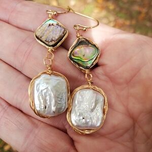 Abalone Shell And Freshwater Pearl Drop Earrings